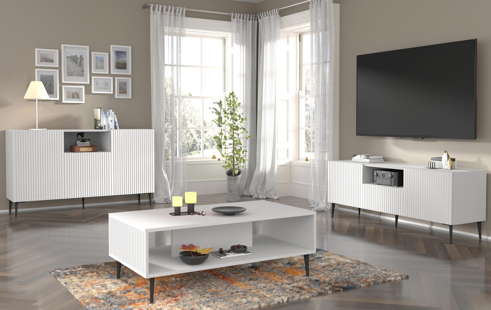 Biała komoda z frezowanymi frontami, czarne nóżki, styl minimalistyczny Biała komoda z frezowanymi frontami, czarne nóżki, styl minimalistyczny