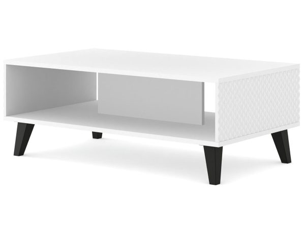 Moderní bílá konferenční stolek z frézovanými čely, černé nožky, styl minimalistický