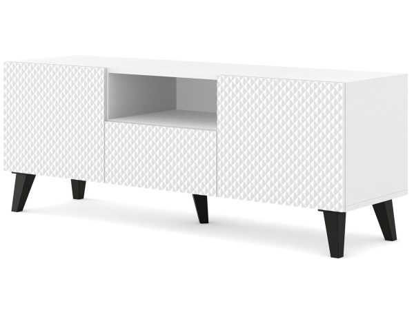 Moderní bílý RTV stolek s frézovanými čely, minimalistický styl