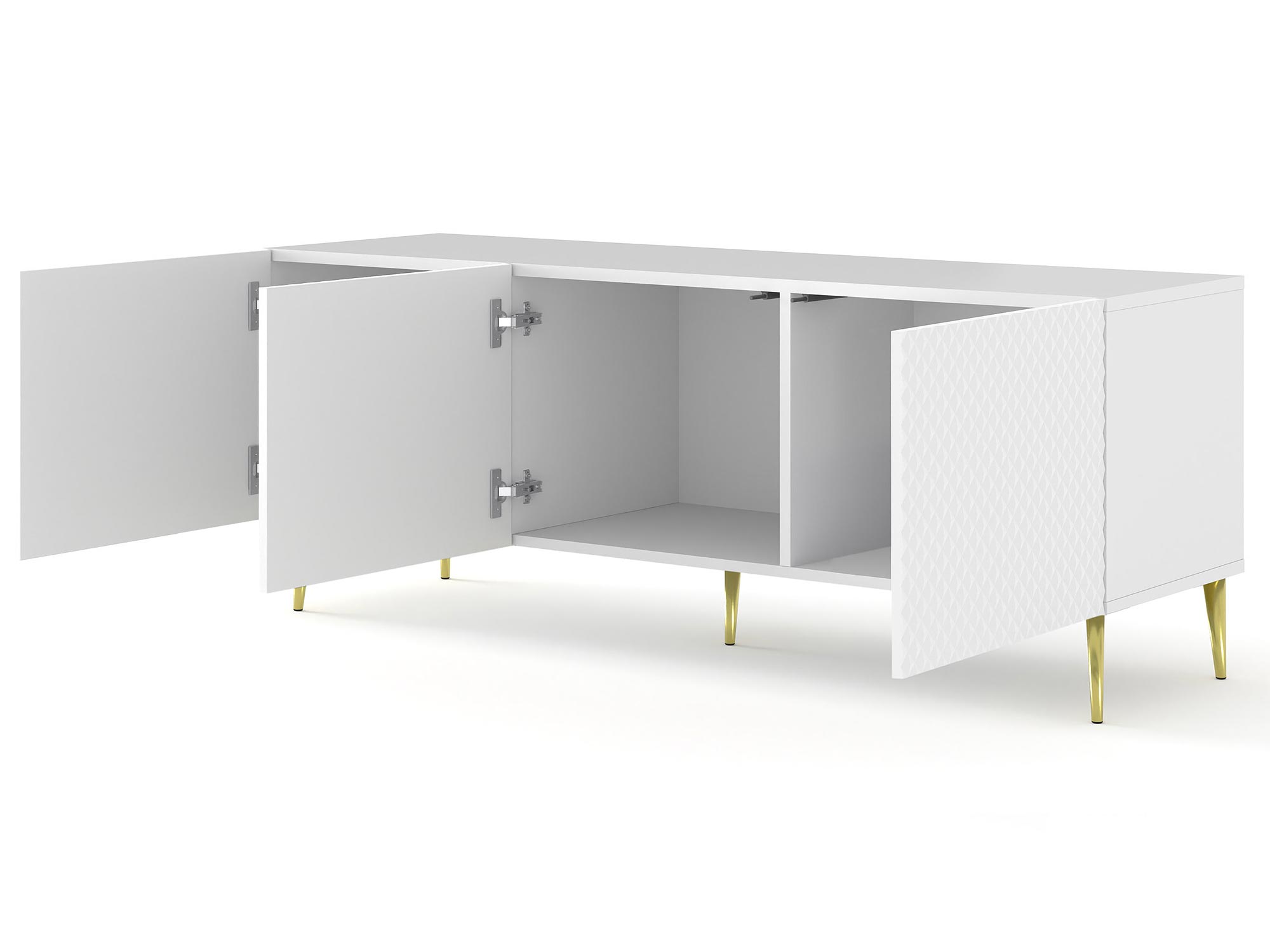 Biała komoda RTV z pionowymi listwami, styl nowoczesny Biała komoda RTV z pionowymi listwami, styl nowoczesny