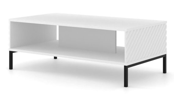 Miniaturka 2 - Nowoczesna biała ława z pionowymi listwami, czarne nóżki, styl minimalistyczny