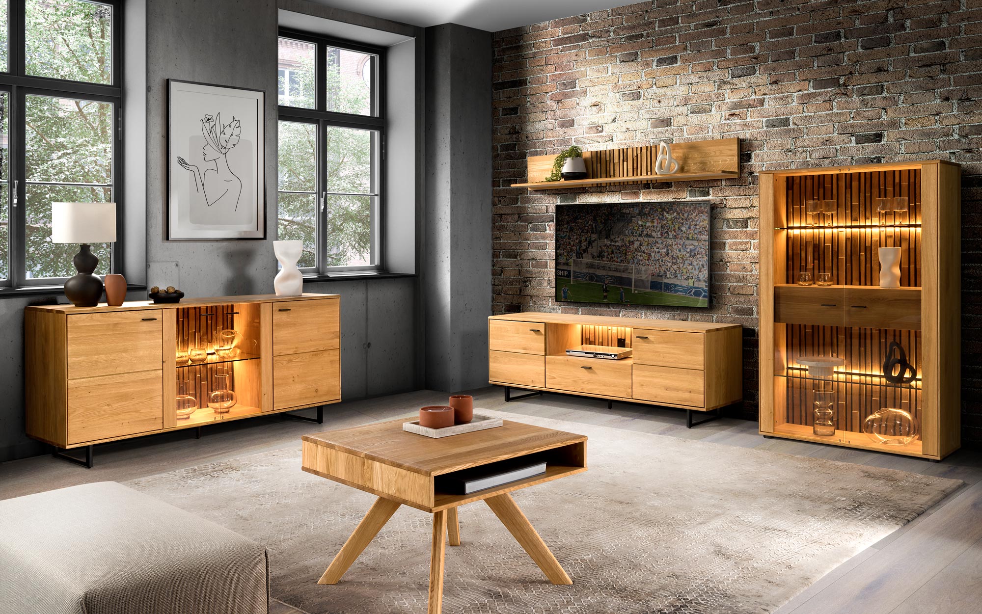 Zestaw mebli drewnianych do salonu z podświetleniem