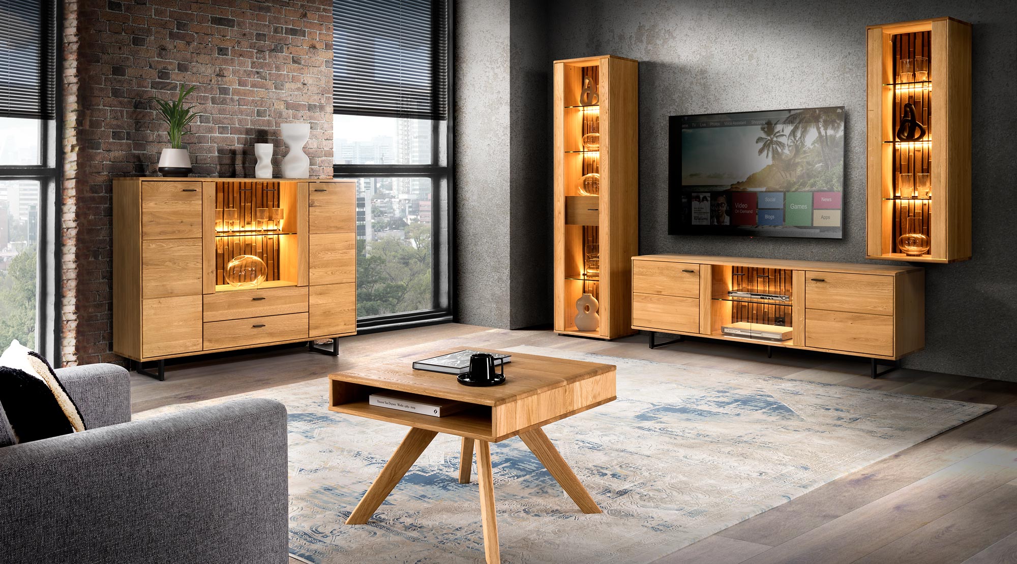 Salon w stylu industrialnym z drewnianymi meblami i podświetleniem LED, aranżacja wnętrza