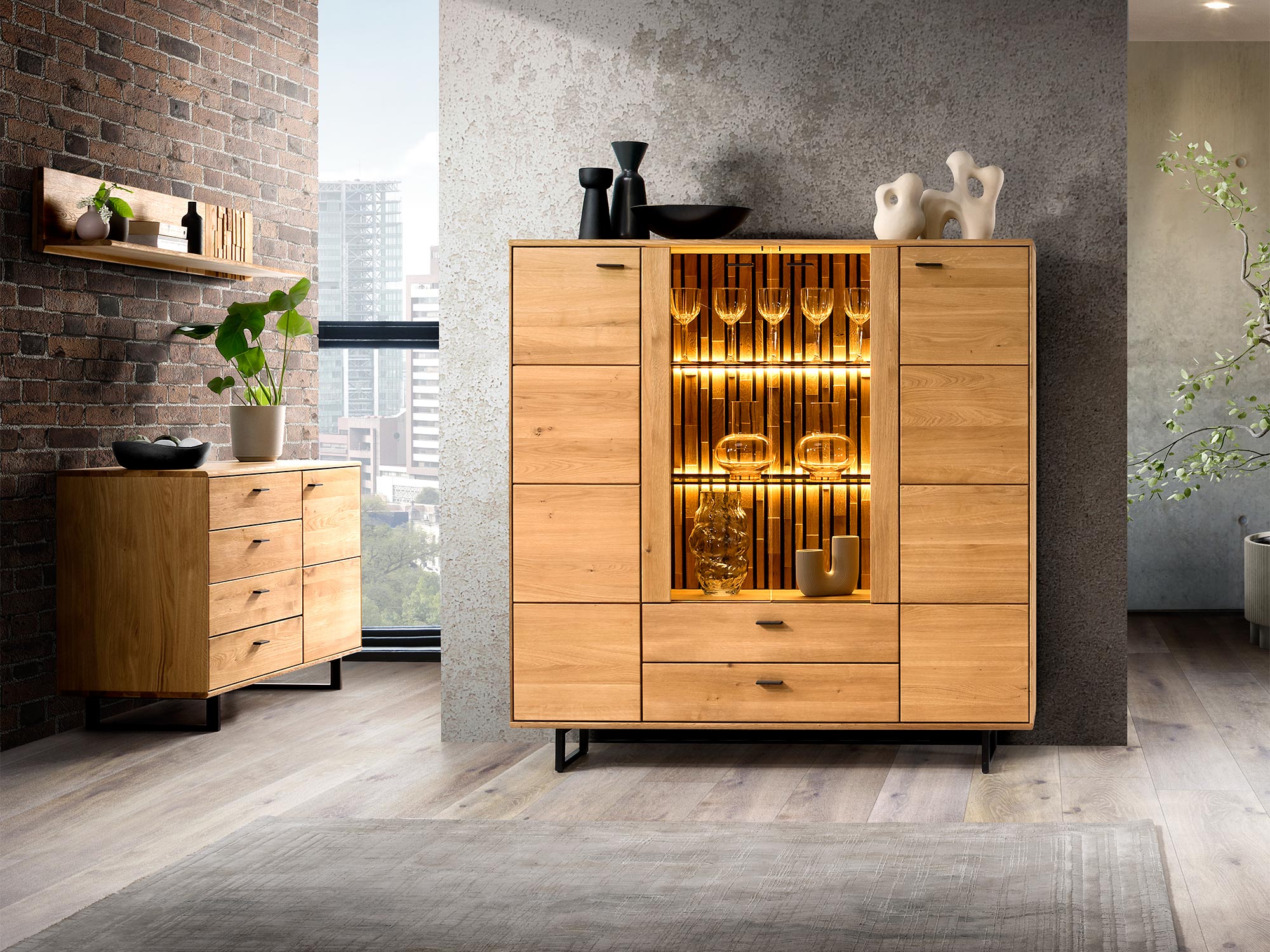 Drewniana komoda z podświetleniem LED, styl industrialny, dąb litego drewna