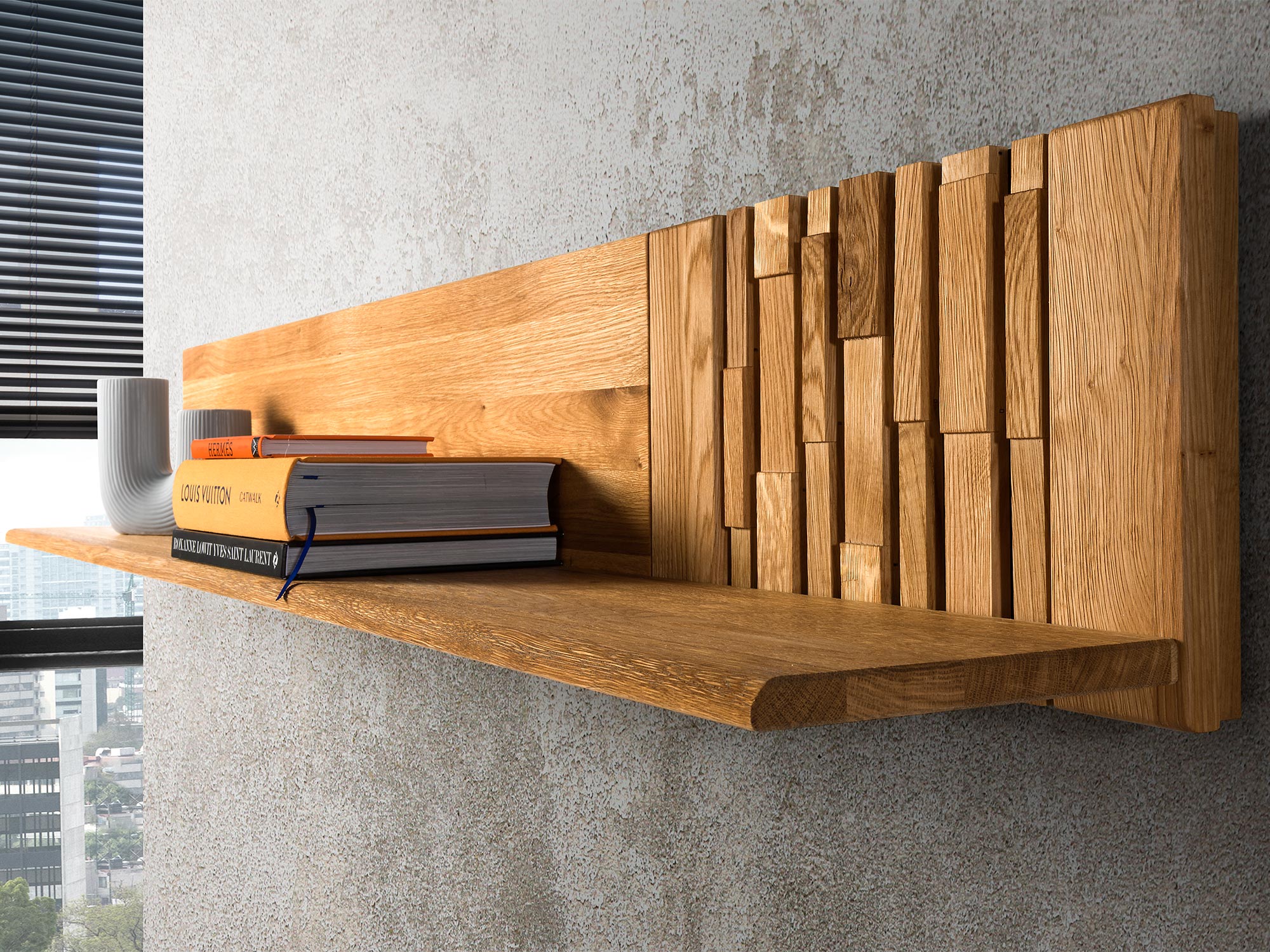 Drewniany regał z półkami, dąb litego drewna, styl loftowy