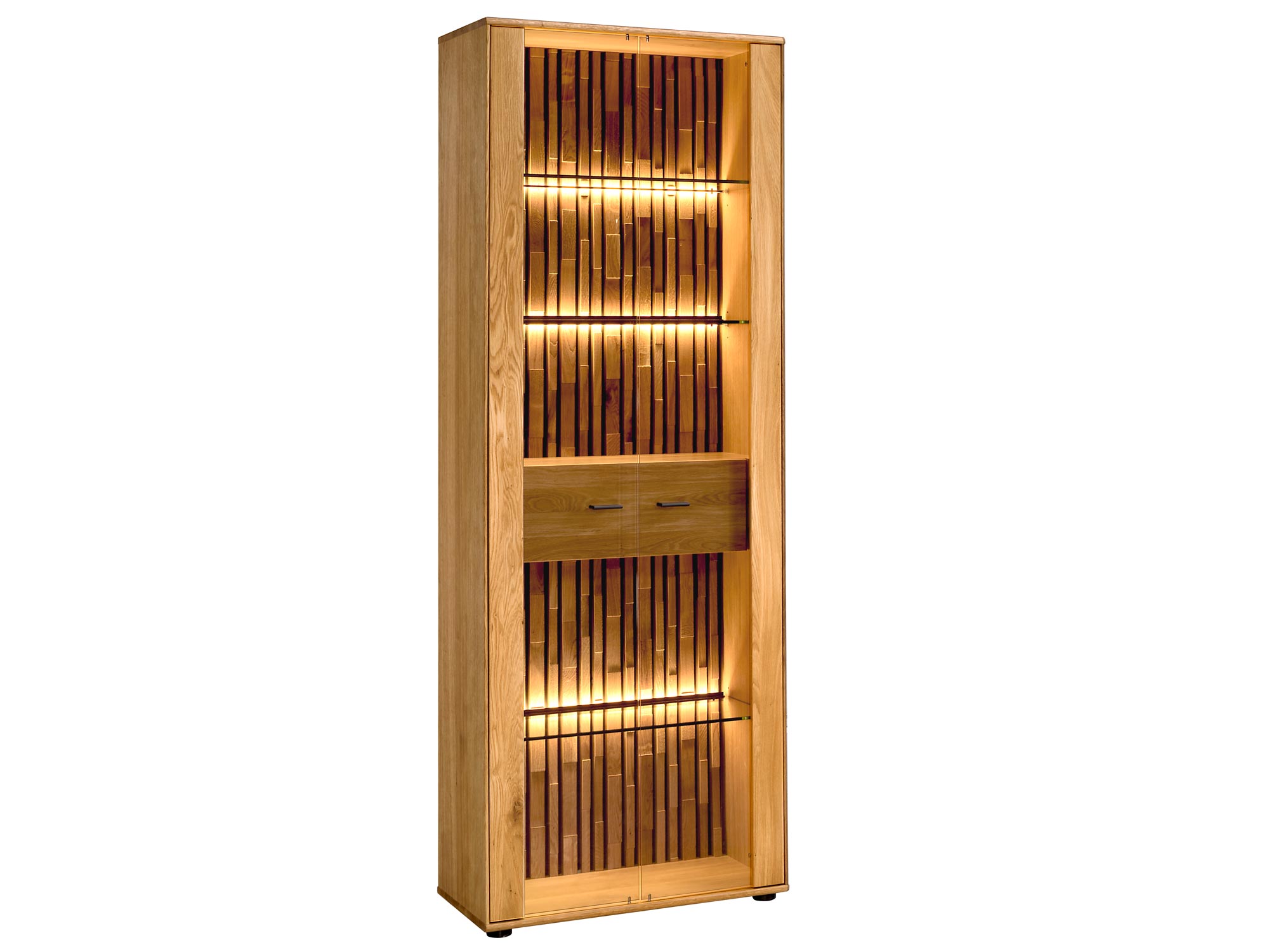Drewniana witryna z podświetleniem LED i przeszklonymi półkami