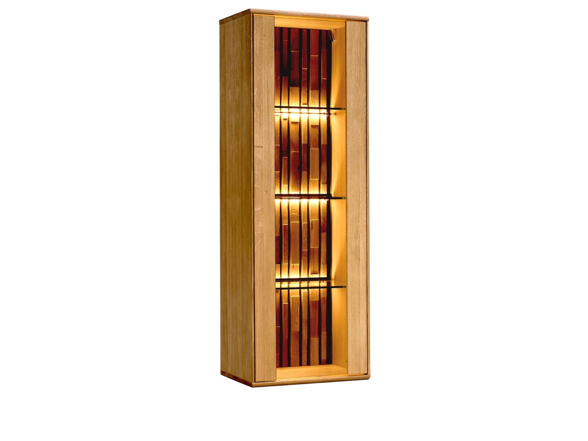 Elegante Hängevitrine Eiche mit Beleuchtung und Lamellen SOLE