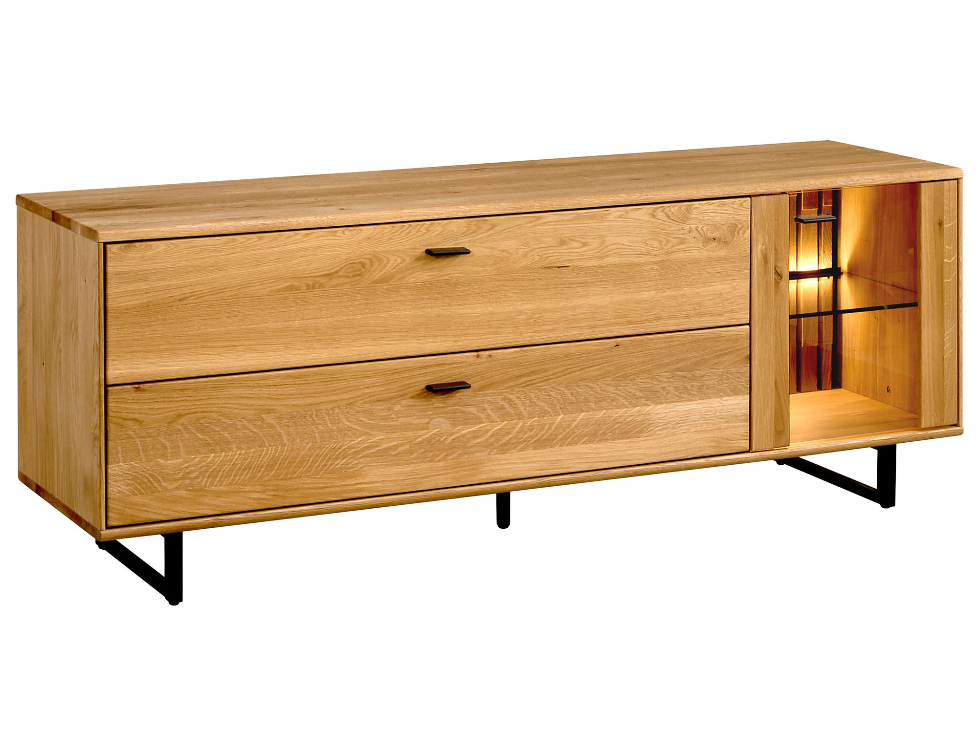 Drewniana szafka RTV a z podświetleniem LED i przeszklonymi półkami