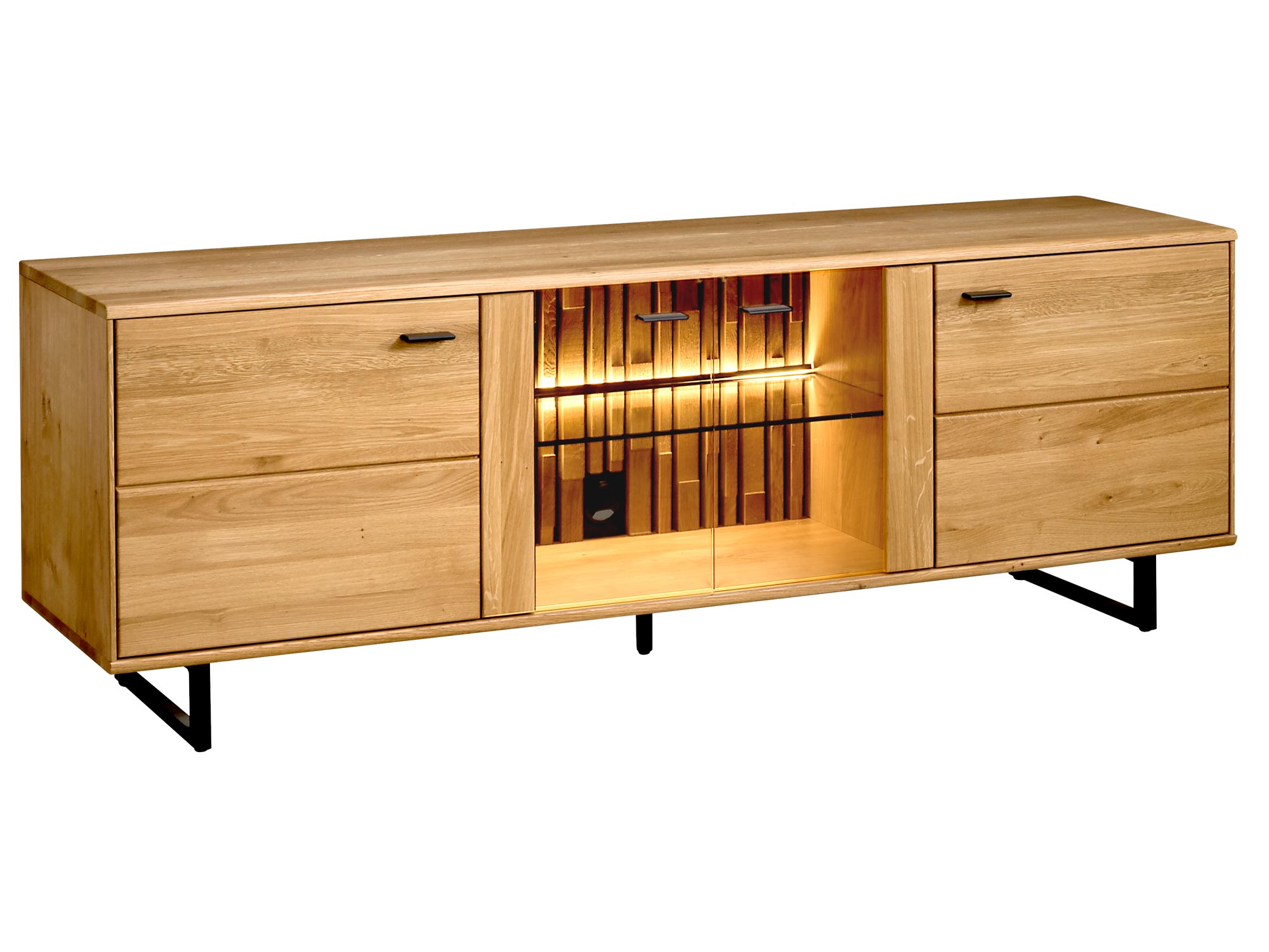 Drewniana szafka RTV z podświetleniem LED i półkami