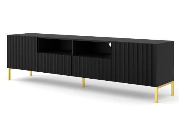 Moderní černá TV skříňka z svislými lištami, industriální styl