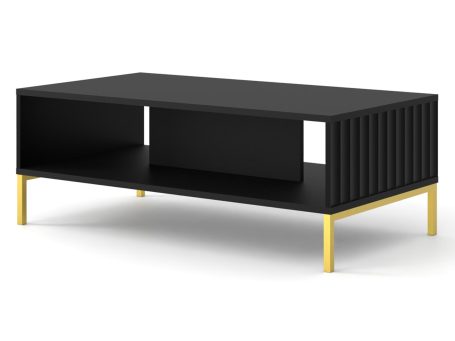 Czarna ława z pionowymi listwami, styl minimalistyczny