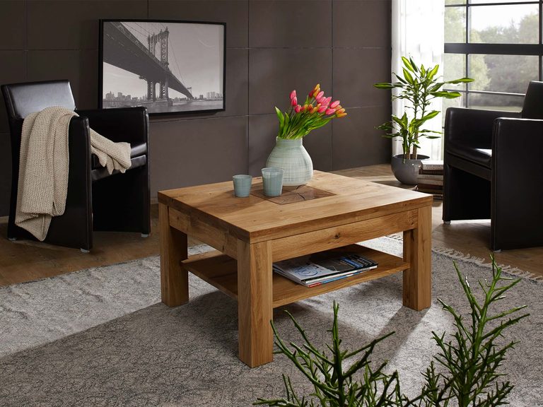 Drewniany stolik kawowy, prosty design, dąb litego drewna