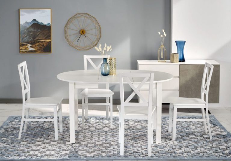 Biały okrągły stół jadalniany z krzesłami, styl prowansalski