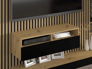 Miniaturka 2 - Zestaw mebli RTV z drewnianymi półkami i czarnymi frontami w minimalistycznym stylu