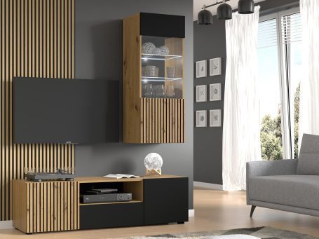 Zestaw mebli RTV z drewnianymi frontami i czarnymi korpusami w minimalistycznym stylu