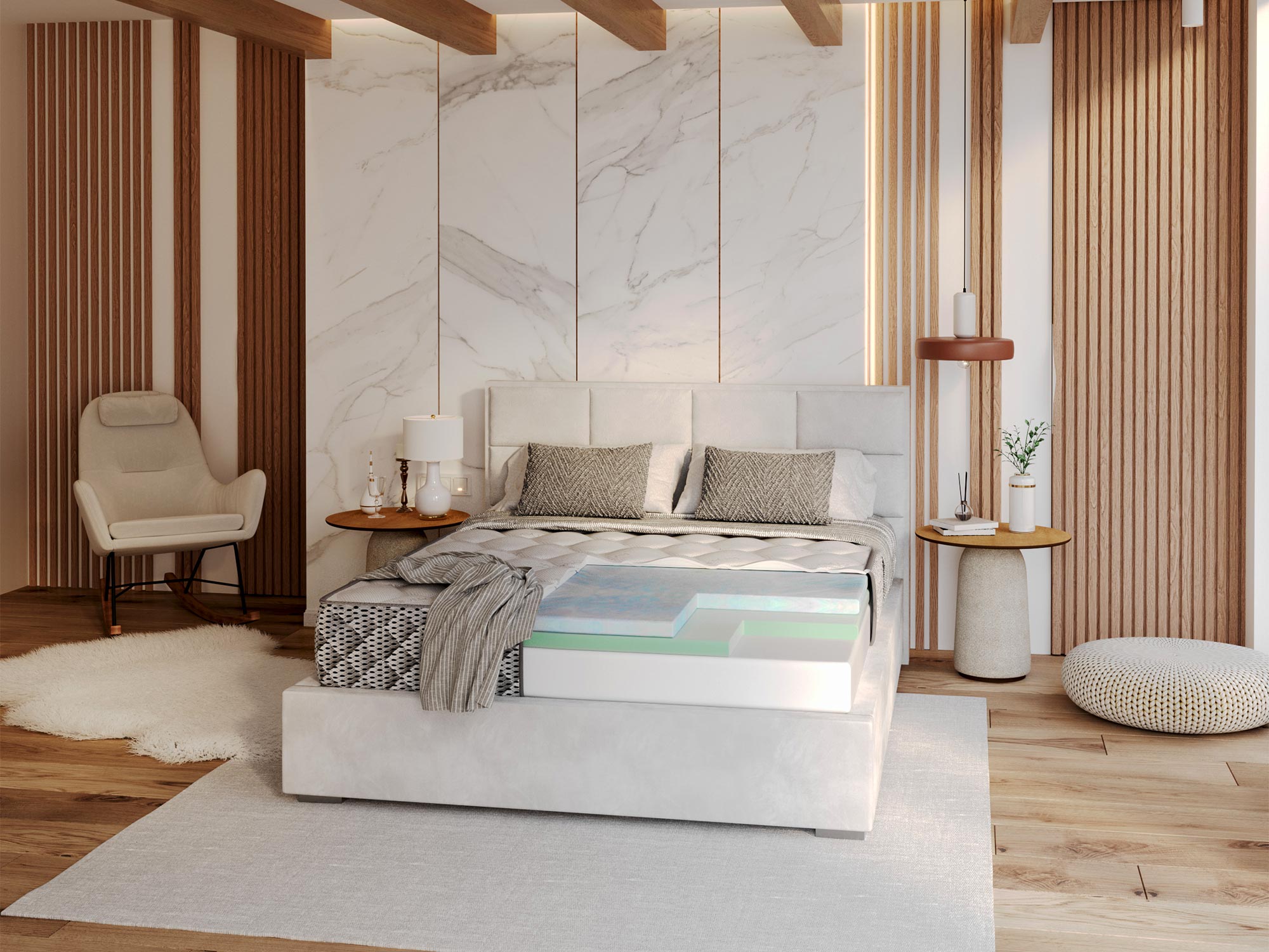 Przekrój materaca z pianką lateksową i sprężynami kieszeniowymi kolor biały i zielony