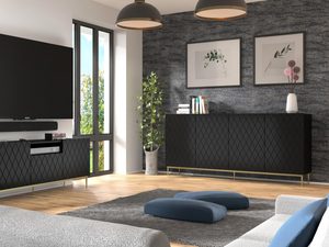 Miniaturka 4 - Komoda z czarnymi frontami, pikowanym wzorem i smukłymi złotymi nogami w glamour stylu do luksusowego salonu