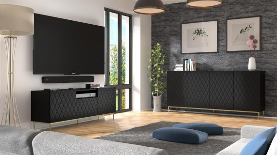 Miniaturka 4 - Komoda z czarnymi frontami, pikowanym wzorem i smukłymi złotymi nogami w glamour stylu do luksusowego salonu