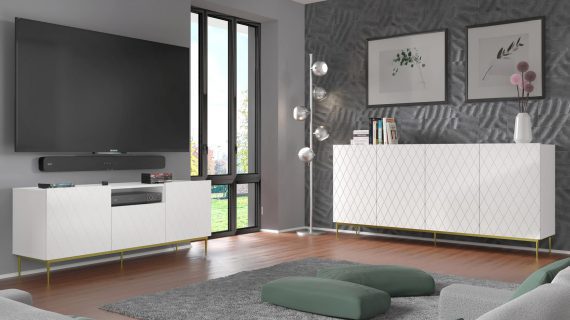 Miniaturka 8 - Nowoczesna komoda z białymi frontami o matowym wykończeniu, geometrycznym wzorze i złotymi nogami do eleganckiego wnętrza