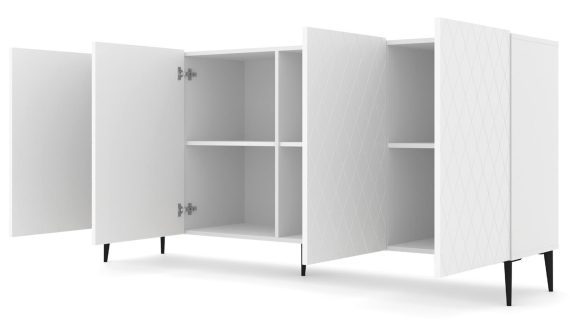 Miniaturka 6 - Biała komoda z geometrycznymi frontami, smukłymi metalowymi nogami i satynowym wykończeniem w skandynawskim stylu