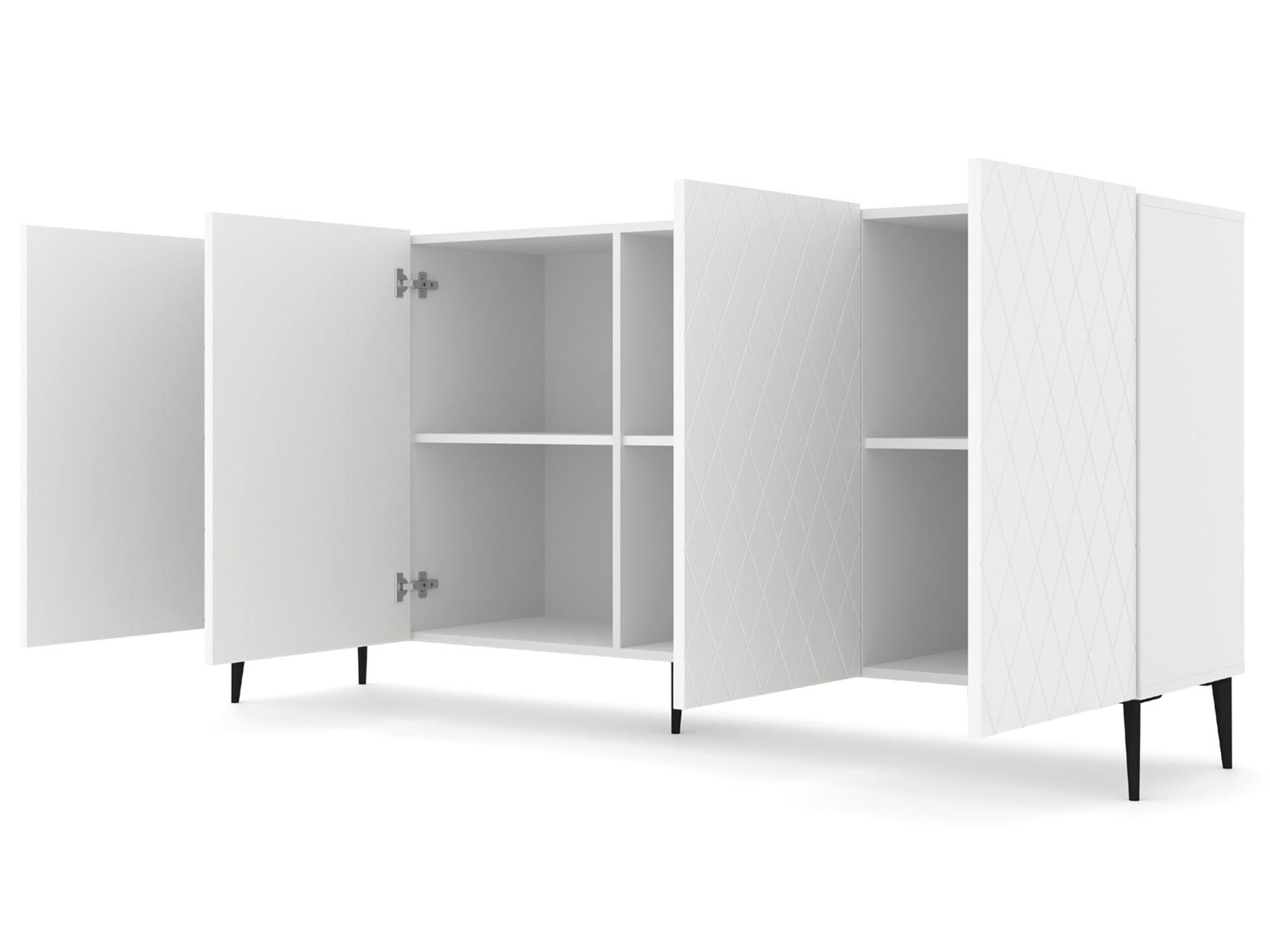 Biała komoda z geometrycznymi frontami, smukłymi metalowymi nogami i satynowym wykończeniem w skandynawskim stylu Biała komoda z geometrycznymi frontami, smukłymi metalowymi nogami i satynowym wykończeniem w skandynawskim stylu