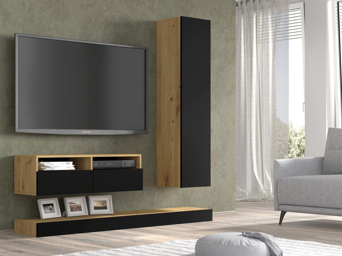 Elegantní závěsná obývací stěna dub artisan/černá mat ELSA A
