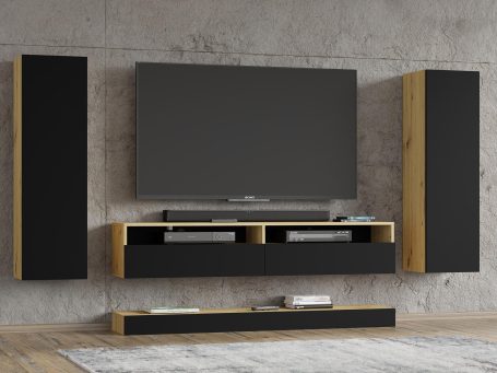 Zestaw mebli RTV z drewnianymi półkami i czarnymi frontami w loftowym stylu do salonu