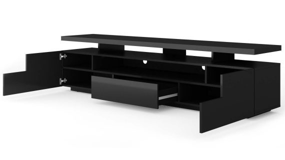 Miniaturka 2 - Nowoczesna szafka RTV z czarnym korpusem i otwartymi półkami w minimalistycznym stylu