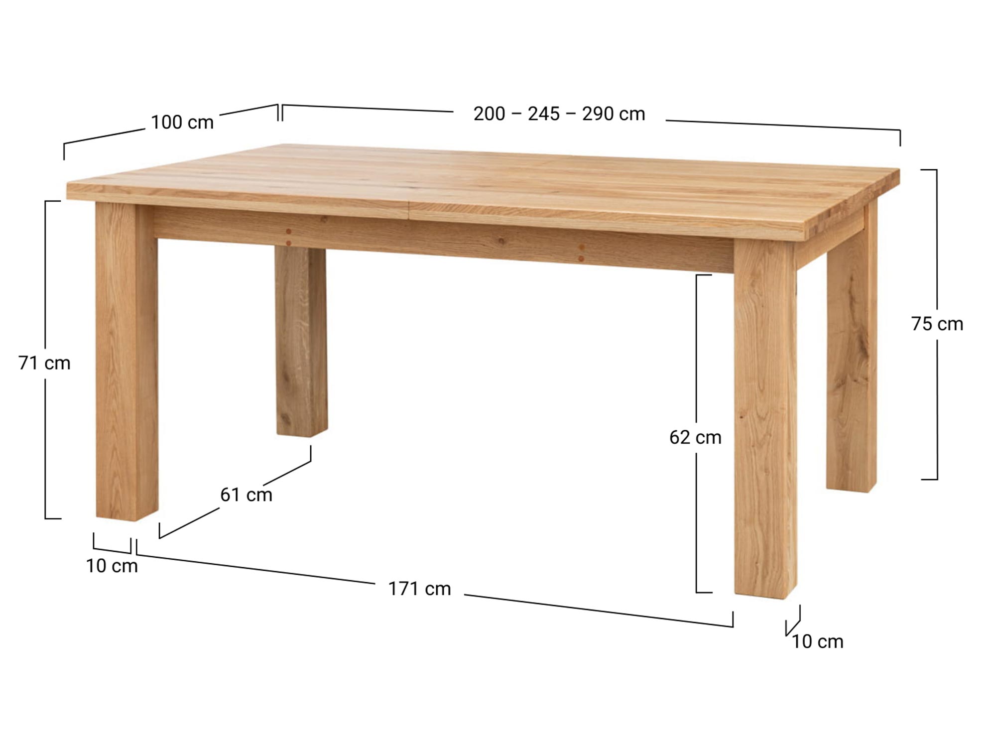 Rysunek techniczny drewnianego stołu z litego dębu