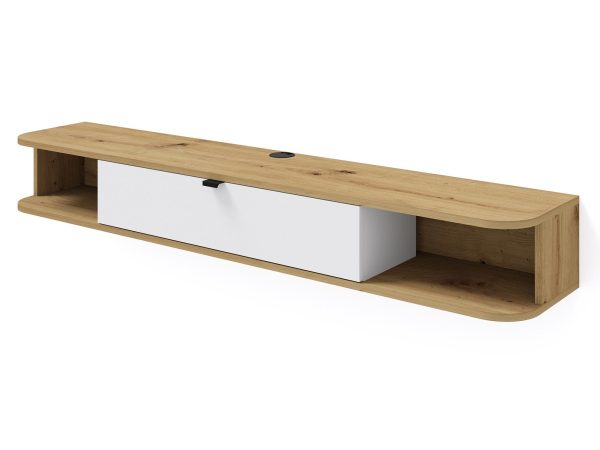 Moderní police RTV z dubovým deskou a černým korpusem, elegantní design