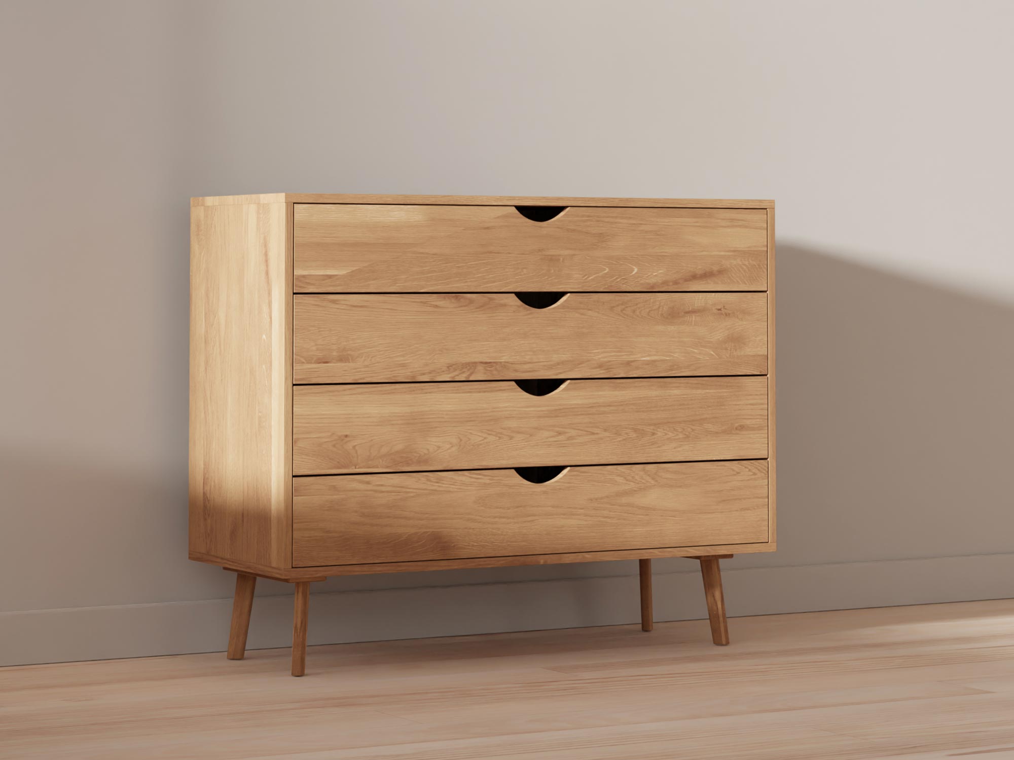 Nowoczesna komoda dębowa na smukłych drewnianych nogach