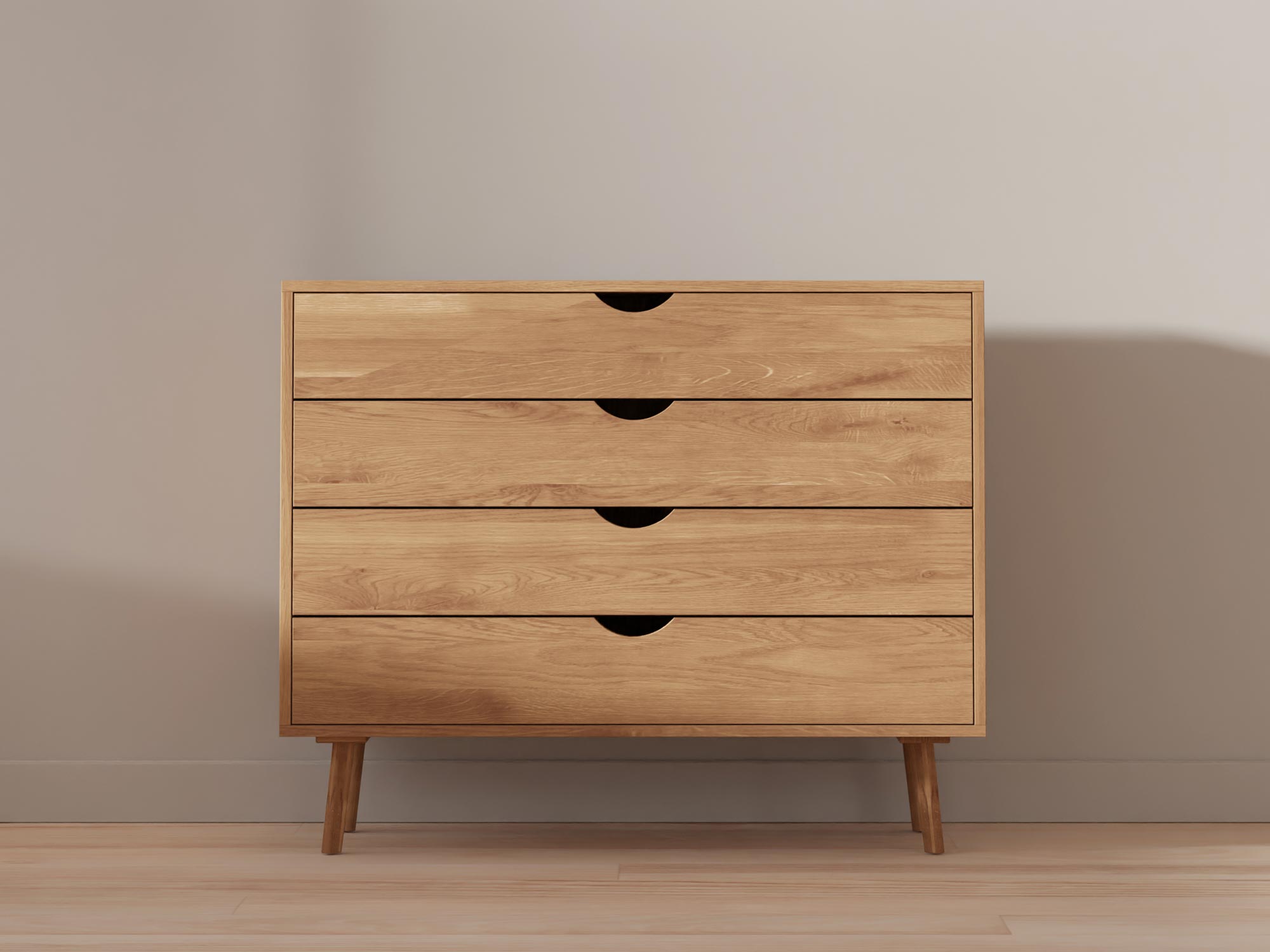 Komoda drewniana z czterema szufladami, naturalne drewno dębowe