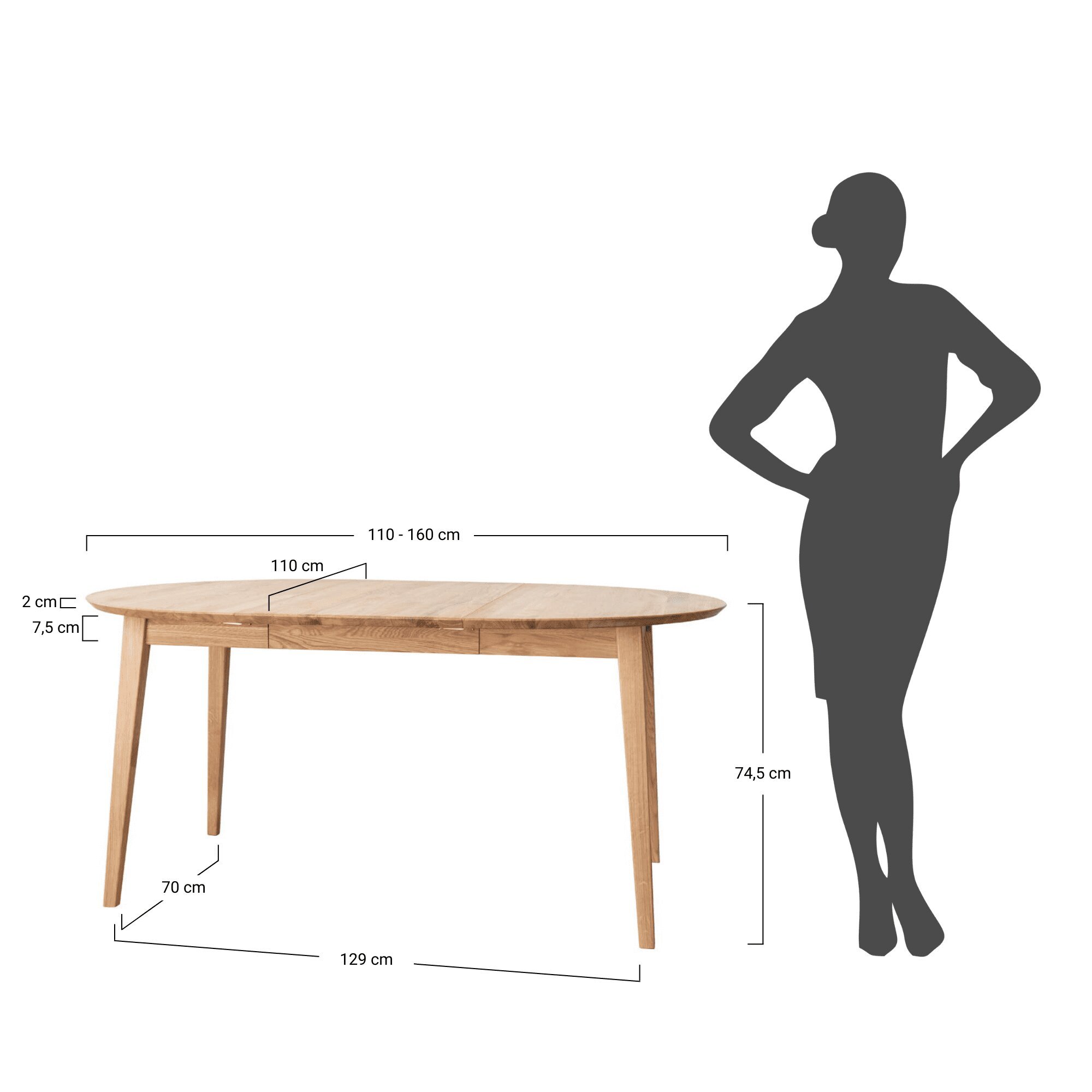 Okrągły stół dębowy z wymiarami technicznymi