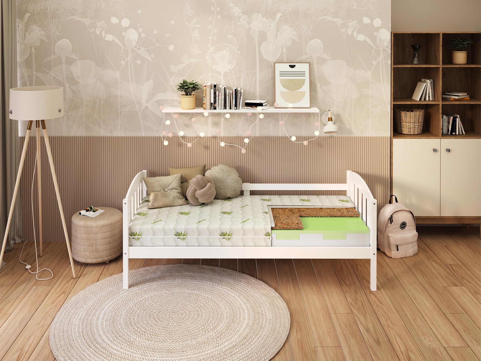 Białe łóżko dziecięce z drewna z dekoracyjnymi lampkami