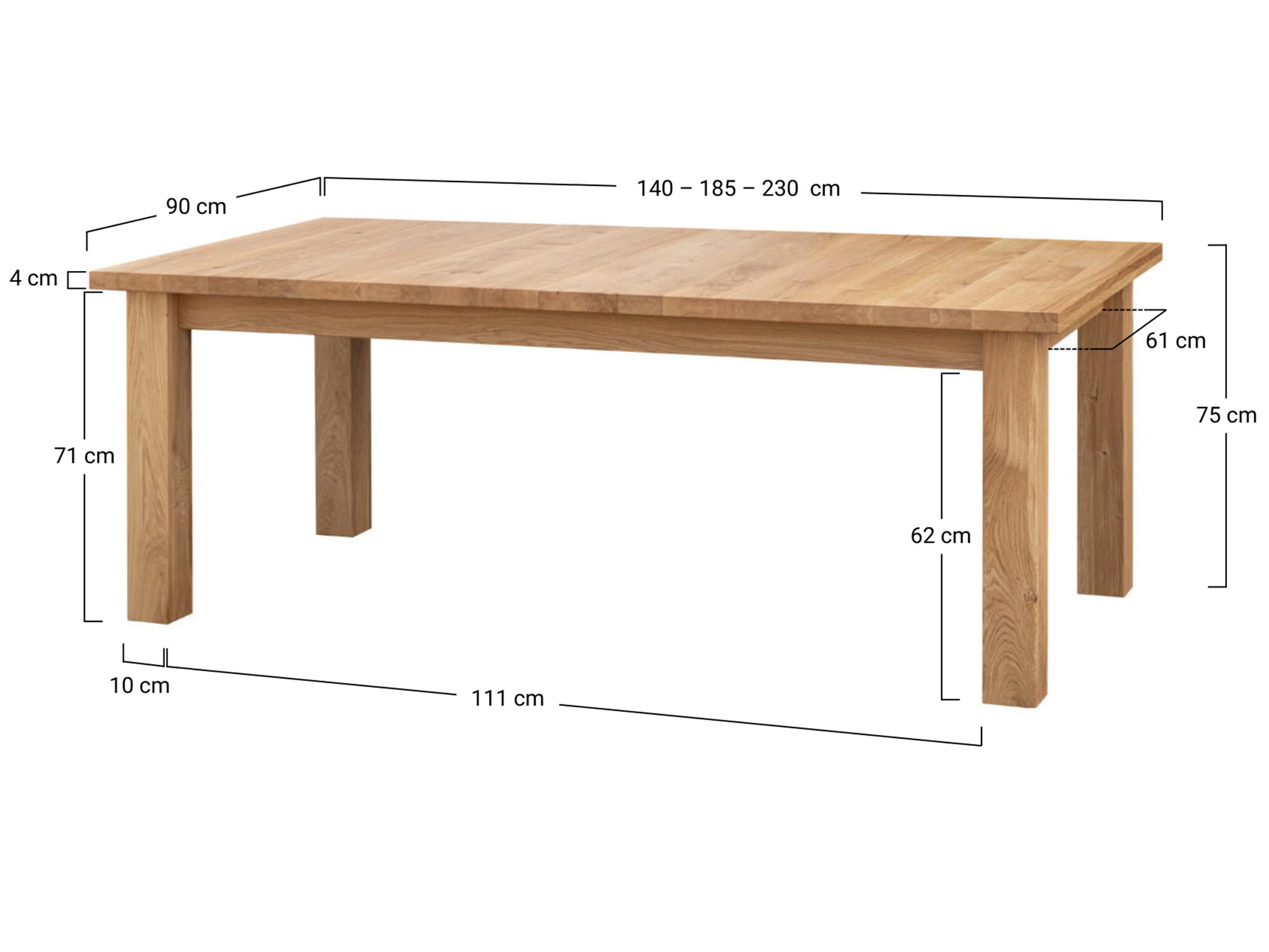 Drewniany stół dębowy z funkcją rozkładania, nowoczesny design z wymiarami
