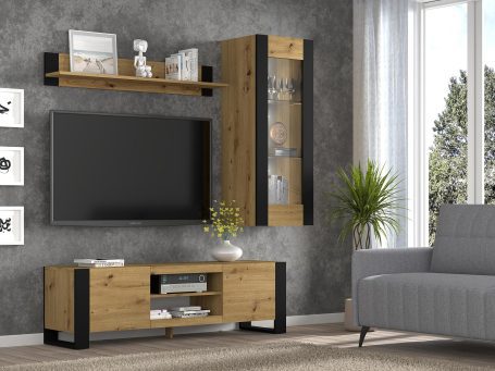 Witryna z dębowym korpusem, szklanymi półkami i czarnym frontem w industrialnym stylu