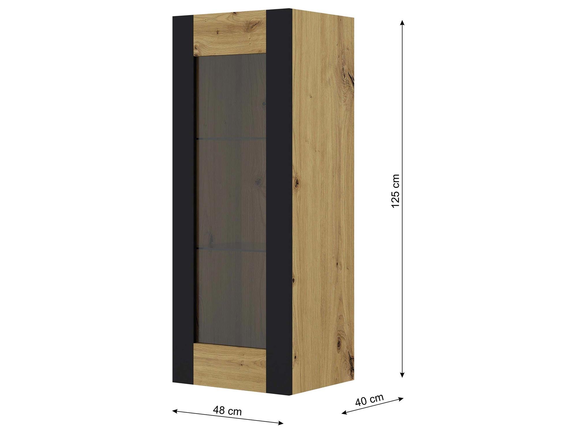 Witryna z dębowym korpusem, szklanymi półkami i czarnym frontem w loftowym stylu Witryna z dębowym korpusem, szklanymi półkami i czarnym frontem w loftowym stylu