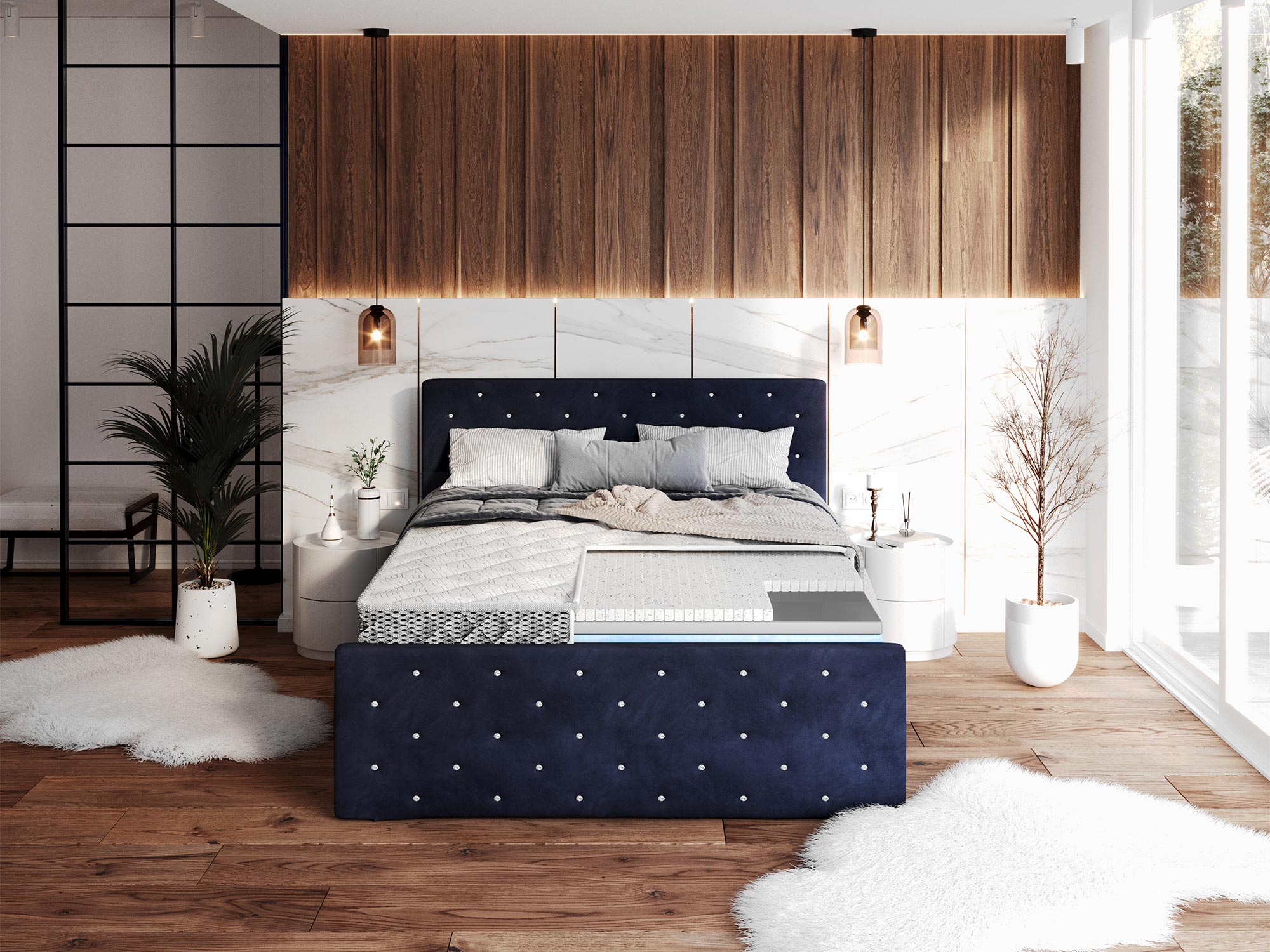 Nowoczesne łóżko tapicerowane z pikowanym wezgłowiem kolor granatowy