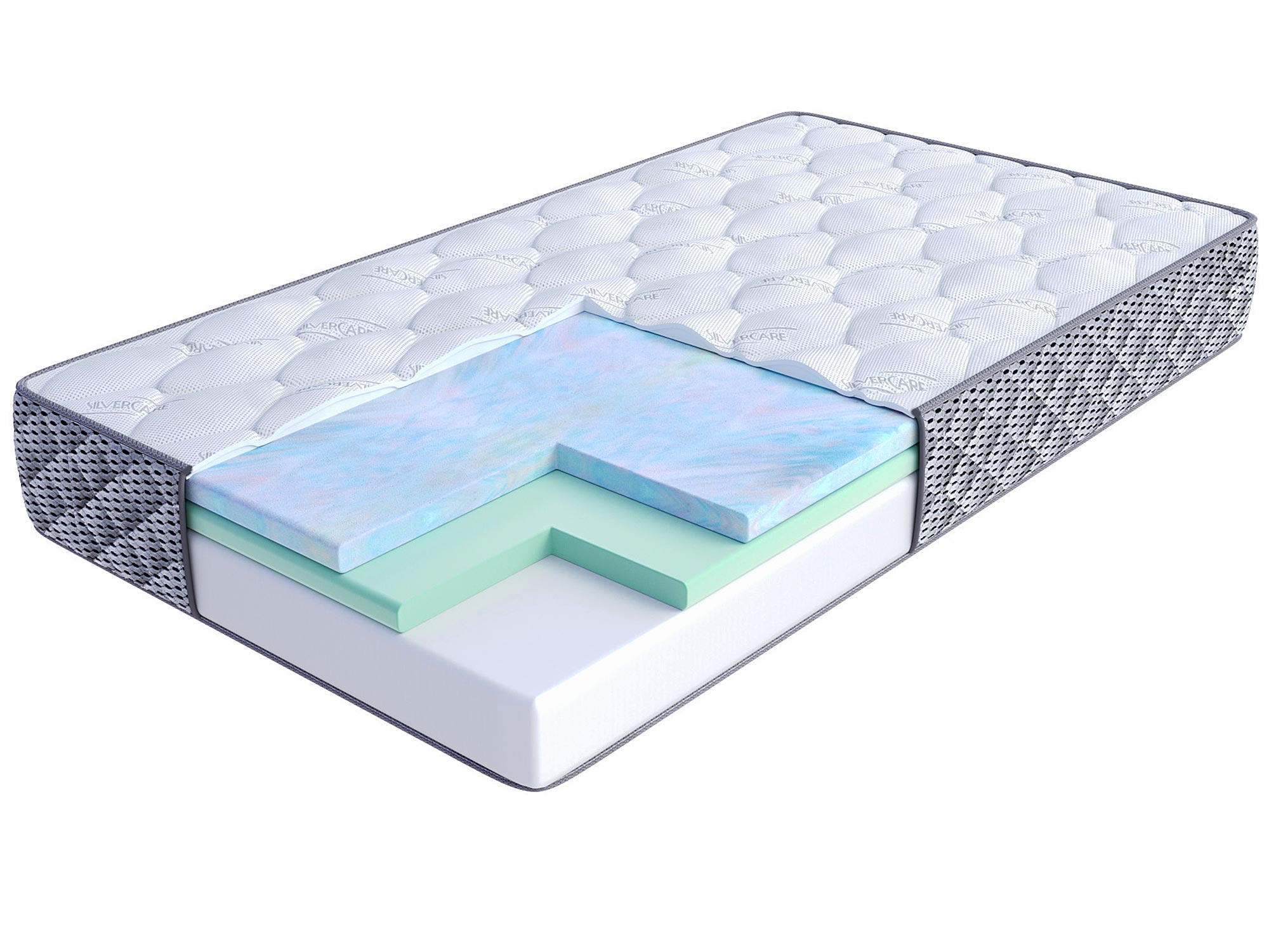 Przekrój materaca z pianką lateksową i sprężynami kieszeniowymi kolor biały i zielony