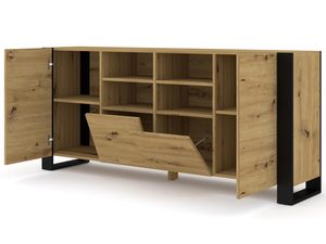 Miniaturka 2 - Nowoczesna komoda z drewnianymi frontami i czarnymi detalami kolor dąb i czarny