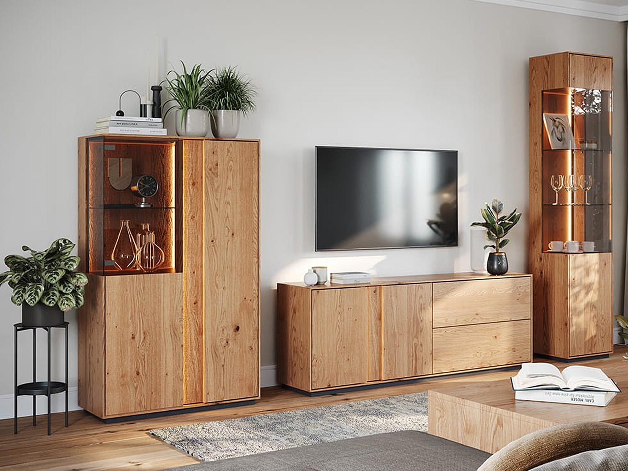 Zestaw mebli dębowych zawierający komodę TV, witrynę wąską i szeroką