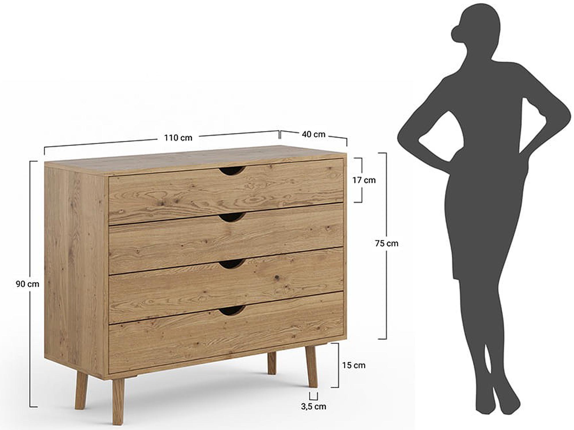 Komoda dębowa z czterema szufladami, widok z boku