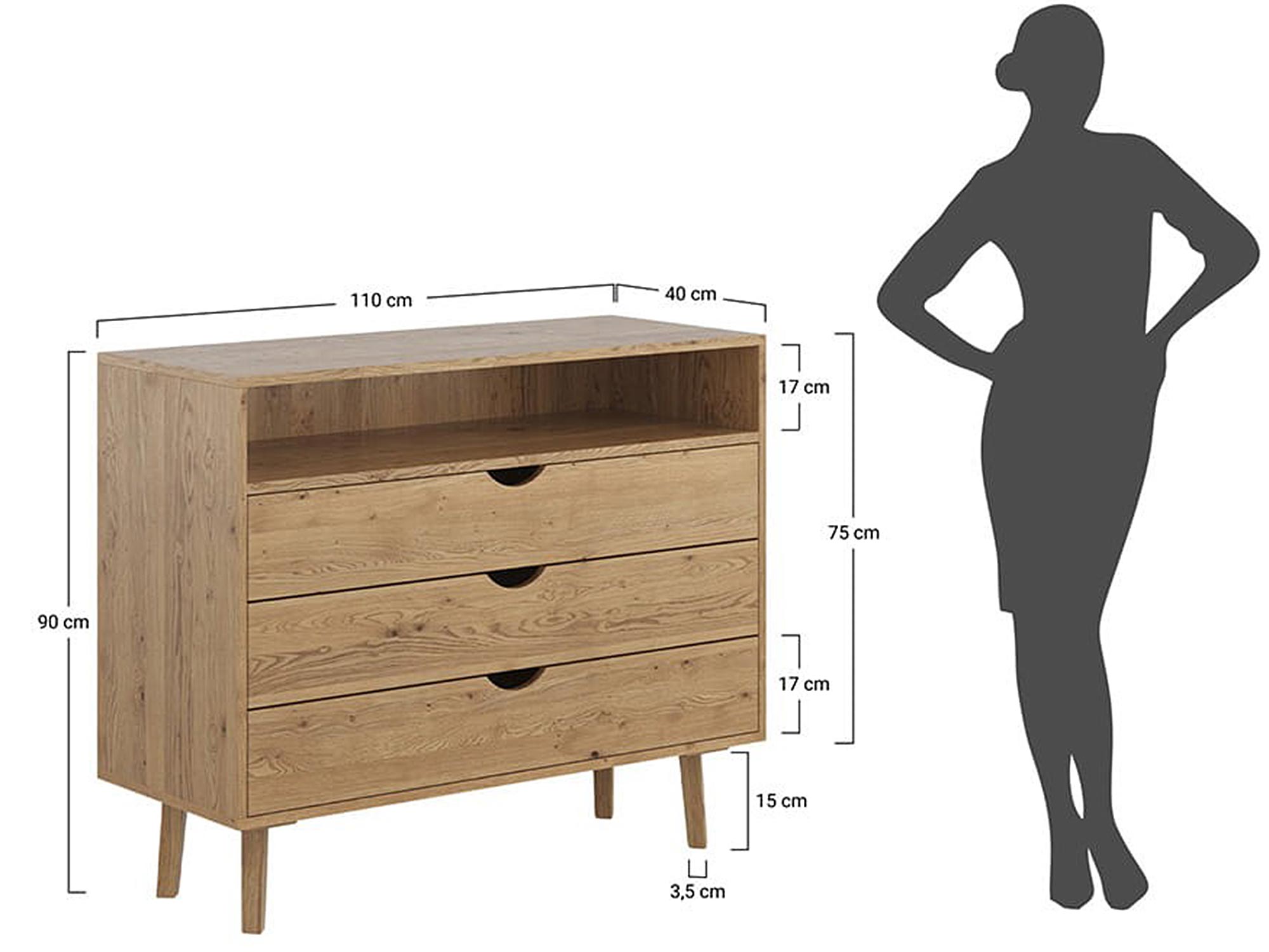 Komoda dębowa z wymiarami technicznymi