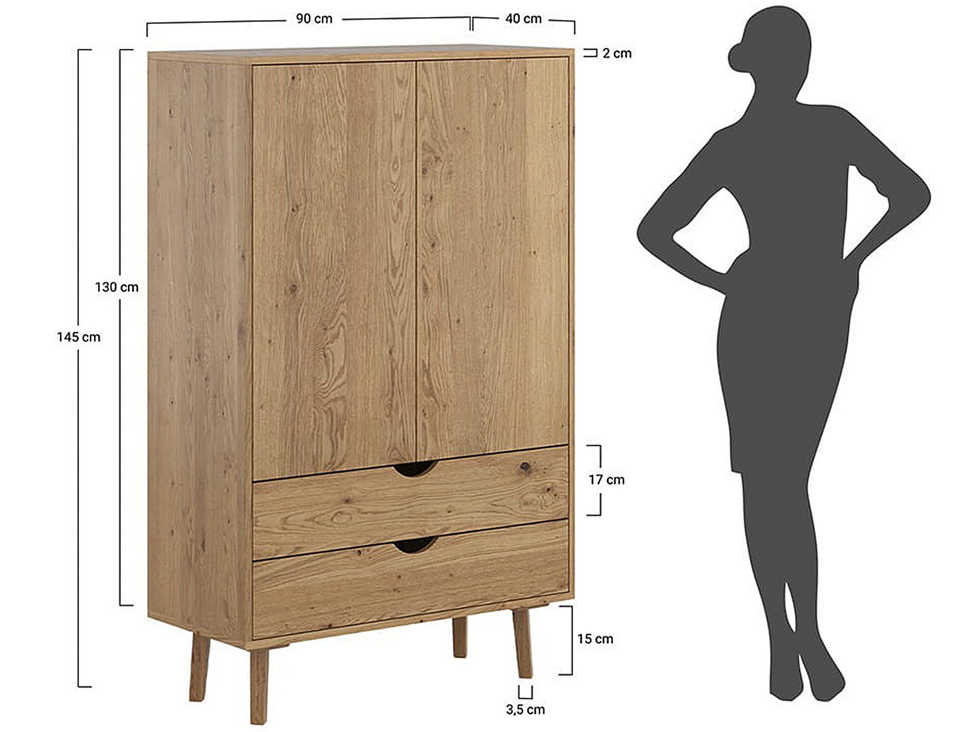 Wysoka szafa dębowa na smukłych nogach, naturalne drewno