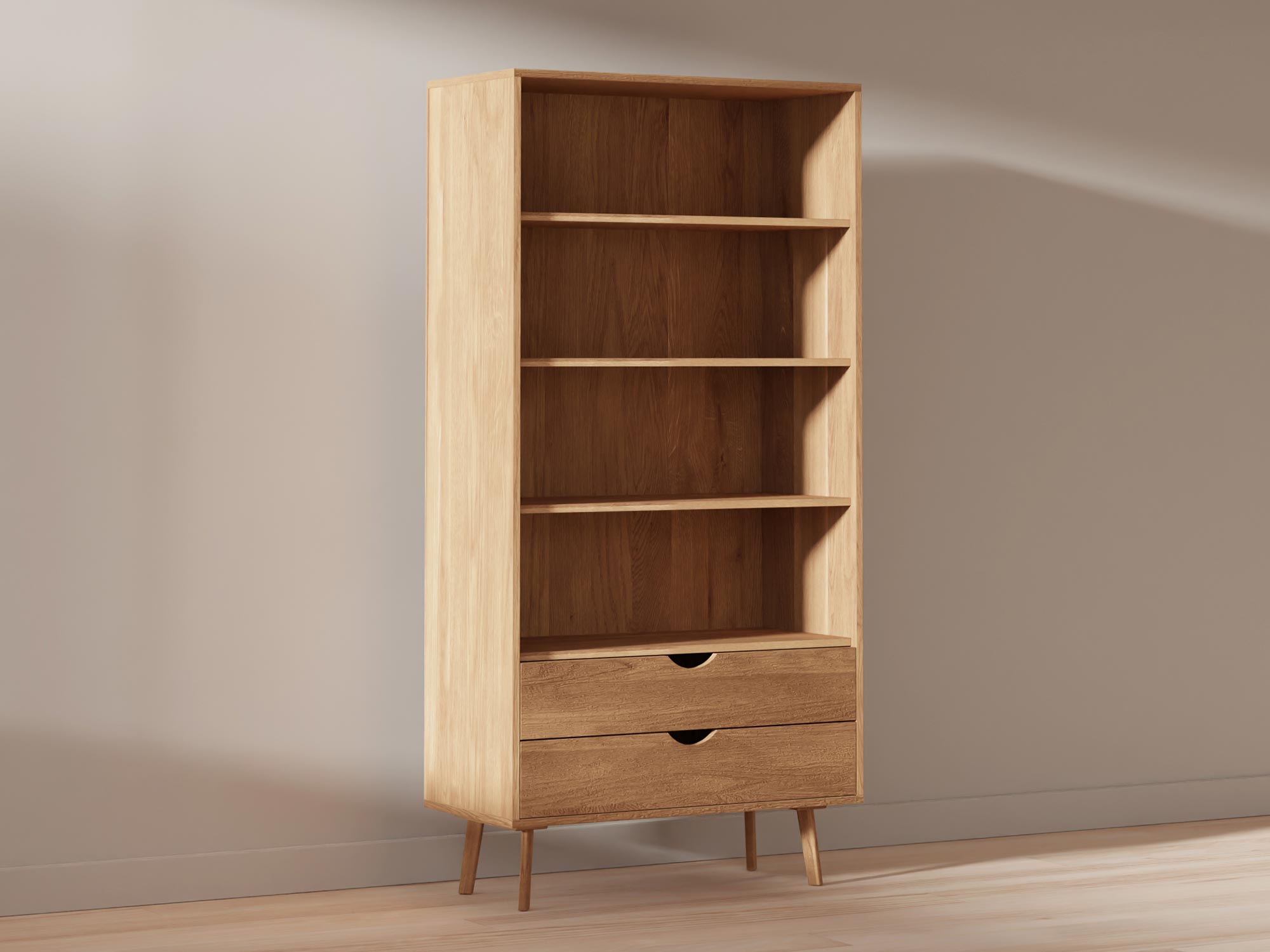 Regał dębowy z dwiema szufladami oraz półkami