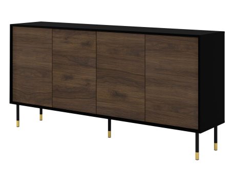 Komoda z ciemnymi drewnianymi frontami, czarnymi metalowymi nogami i pionowymi frezowaniami w stylu mid-century modern do stylowego wnętrza
