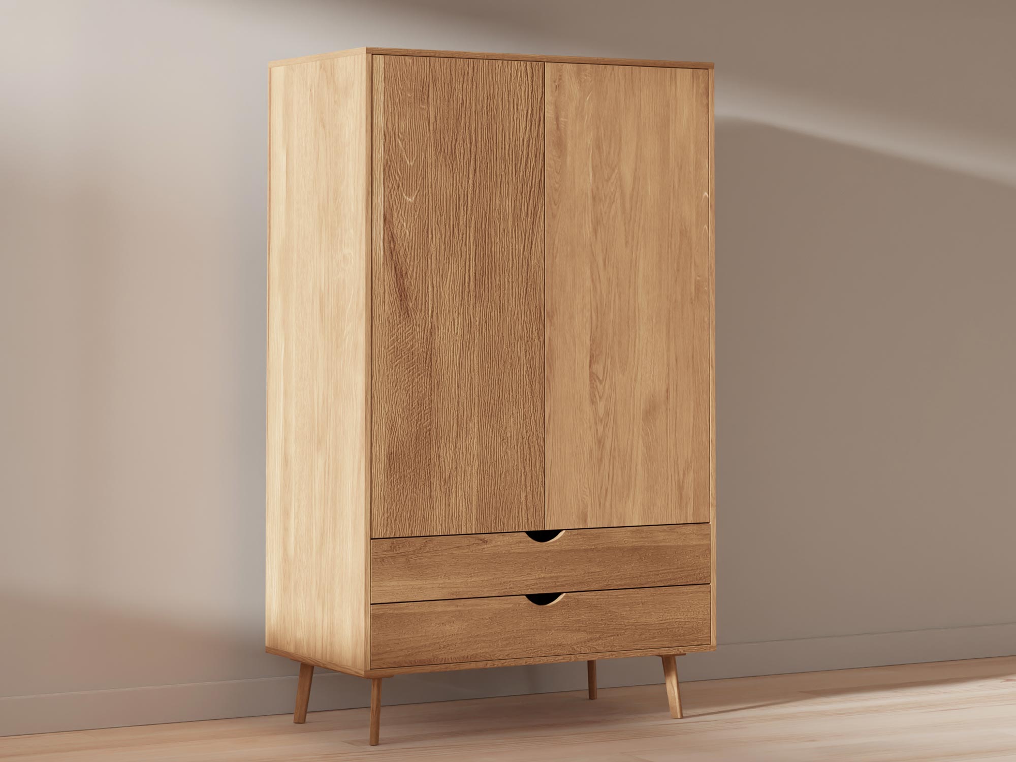 Wysoka szafa dębowa z szufladą, prosty skandynawski styl