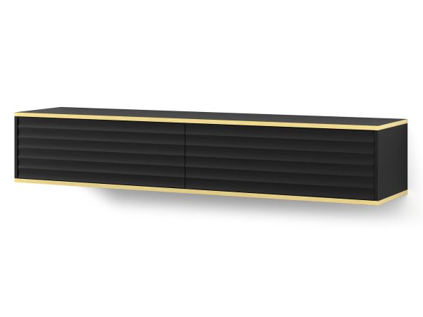 Minimalistická TV skříňka s černými čely a zlatými detalami barva černý a zlatý