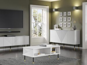 Miniaturka 15 - Biała komoda z geometrycznymi frontami, smukłymi złotymi nogami i matowym wykończeniem w nowoczesnym stylu do salonu