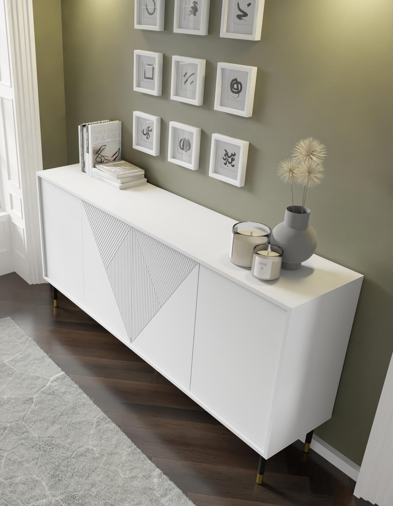 Biała komoda z geometrycznymi frontami, smukłymi złotymi nogami i matowym wykończeniem w minimalistycznym stylu do salonu Biała komoda z geometrycznymi frontami, smukłymi złotymi nogami i matowym wykończeniem w minimalistycznym stylu do salonu